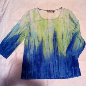 Vintage Chico’s Tie-Dye Shirt Sz 1 (8) Retro Resortwear Green Blue Stretch Top
